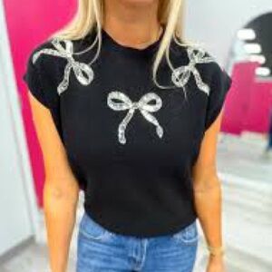 She + Sky Black Bow Embellished Cap-Sleeve Top
